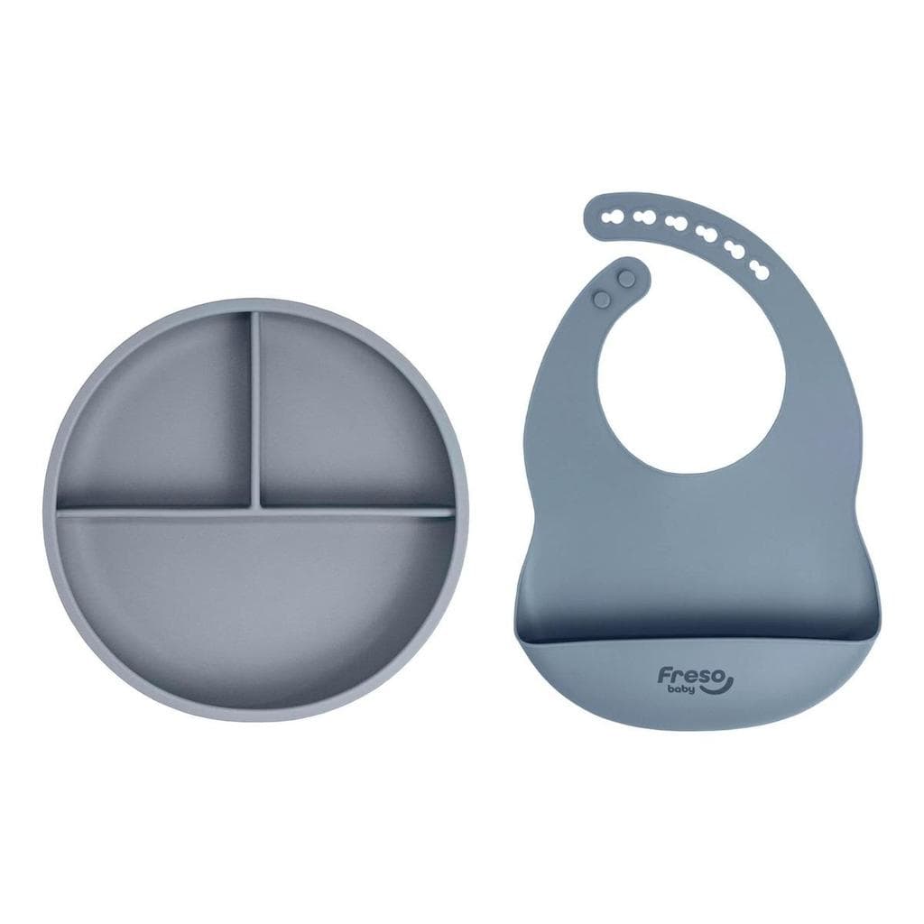 Kit Prato Com Divisórias E Babador Bolso De Silicone Freso Cinza