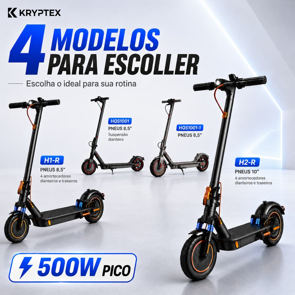 Patinete Elétrico Adulto KRYPTEX Dobrável 350W/500W 8,5 ou 10 Pol com 4 Amortecedores e Suspensão