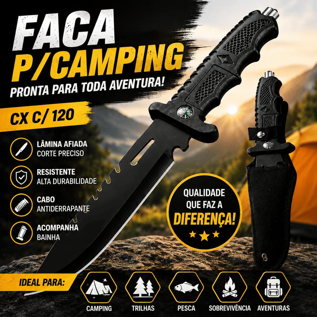 Faca Tatica Sobrevivencia 33cm Lamina Serrilhada Aco Inoxidavel Antiderrapante Bussola Bainha Caca Pesca Selva Militar