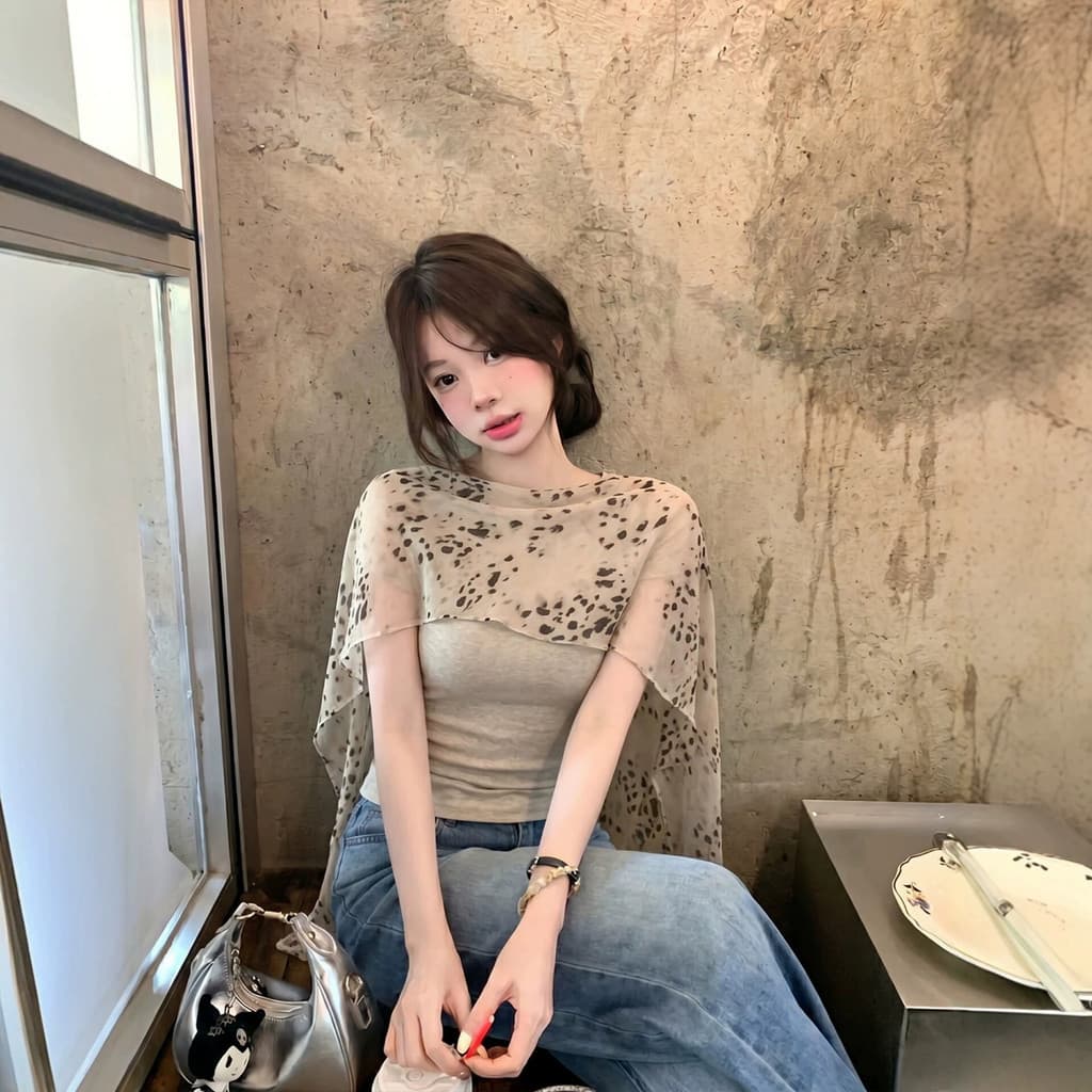 Leopardo impressão xale sem mangas camiseta feminina verão francês cintura estreita magro-ajuste mais magro olhar Design