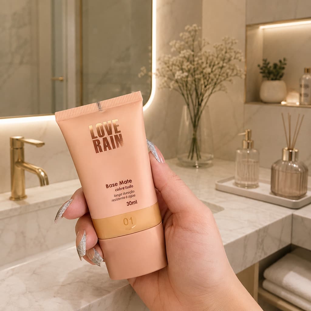 Base Líquida Matte Love Rain – Alta Cobertura, À Prova D’Água e Longa Duração Cobre Tudo 30ML