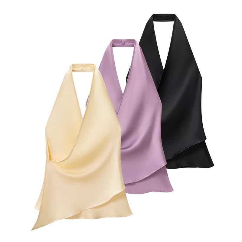 Blusa Feminina De Cetim Frente Única Com Decote Em V Sem Mangas Bainha Assimétrica Elegante Festa