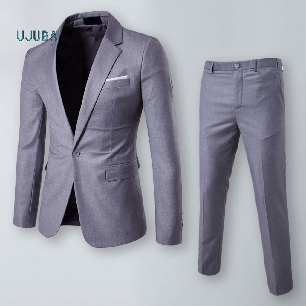 Men Blazer Pants Set Single Button Straight Leg Men's Business Suit 2pcs Slim Fit Lapel Long Workwear Formal Office