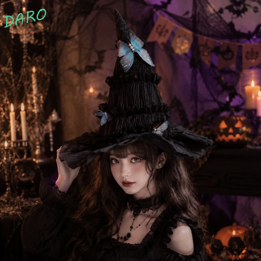Chapéu De Halloween DARO , Bruxa Lolita De Fio De Malha Gótica , Boné De Feiticeiro Feminino Removível Dobrável