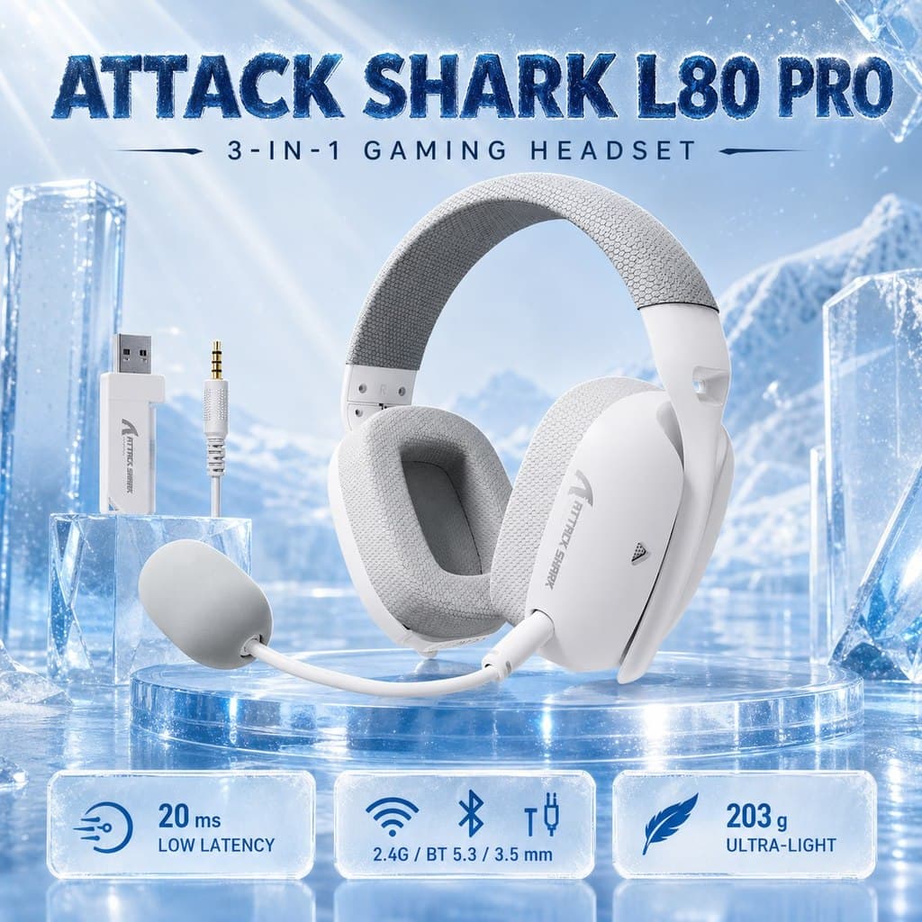 Attack Shark L80PRO Fone De Ouvido Para Jogos 3 Em 1 Lightseed Tecnologia Sem Fio 20ms Latência Ultrabaixa 40mm Hi-Fi So