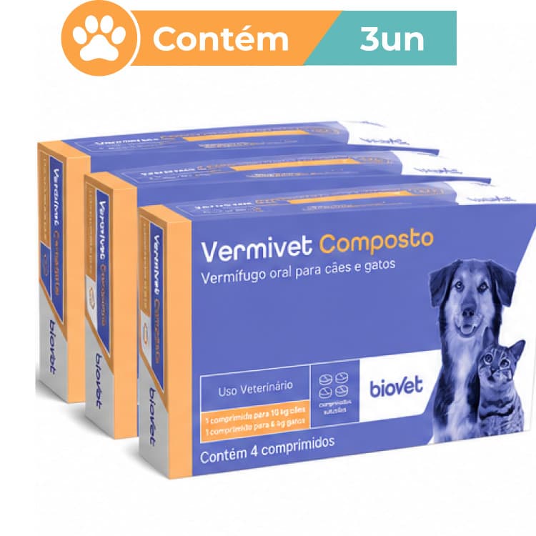 Vermivet Composto Caes Gatos 600 Mg 04 comp (03 Caixas)