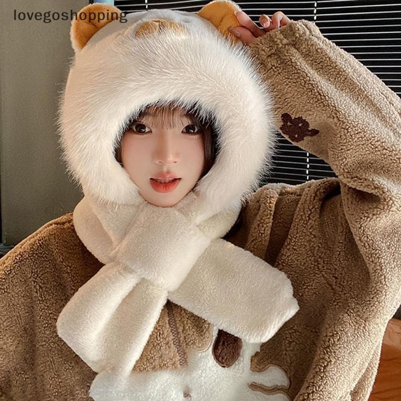 [lovego] Chapéu e cachecol de capivara em estilo cartoon, elegantes e fofos, quentes para o inverno, adequados para mulh