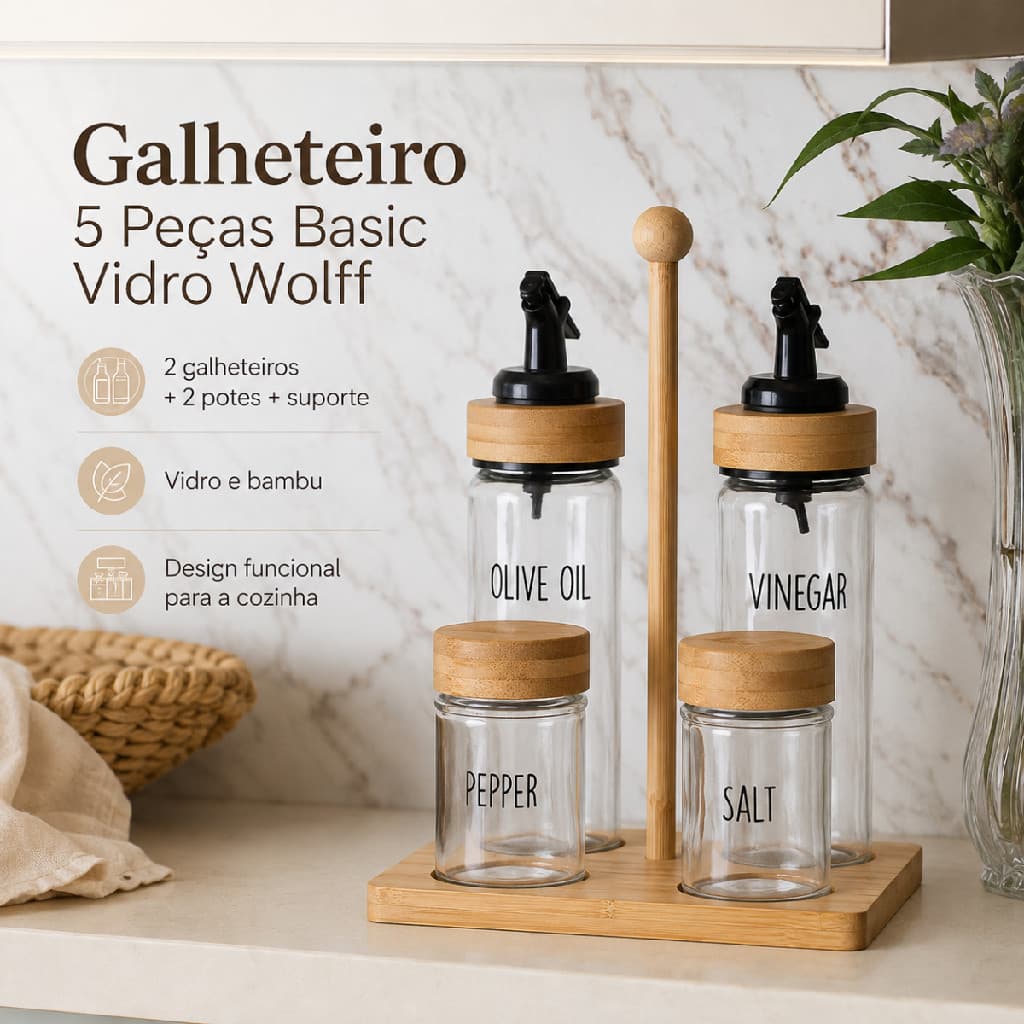 Jogo Galheteiro 5 Peças Wolff Saleiro Pimenta em Bambu e Vidro com Bico Dosador e Adesivo Identificador Completo Grande