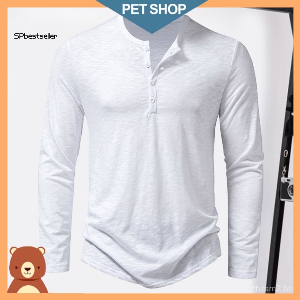 Camiseta Masculina de Manga Longa com Decote O e Botões, Corte Solto, Cor Sólida, Estilo Streetwear, Outono Inverno