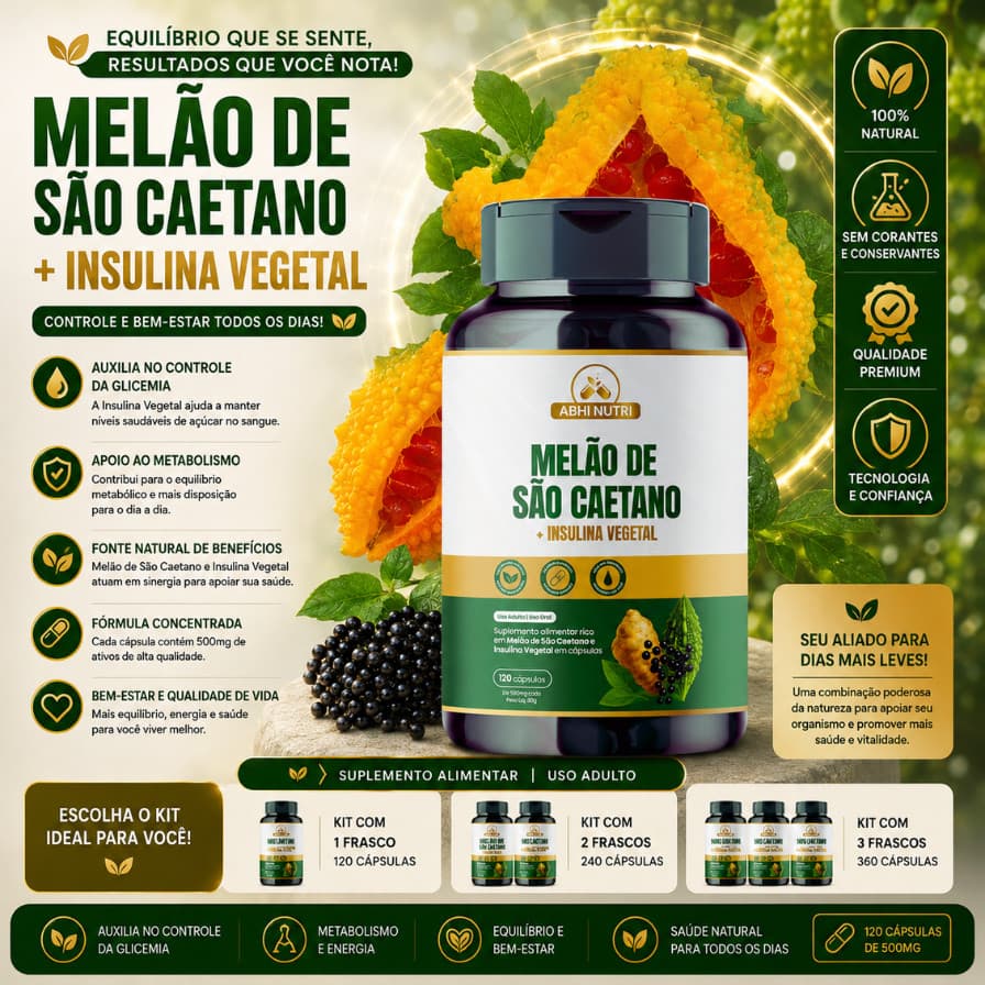 Melão de São Caetano + Insulina Vegetal - 120 Cap de 500 mg - Kits Com 1, 2 e 3 Frascos. ABHI Nutri