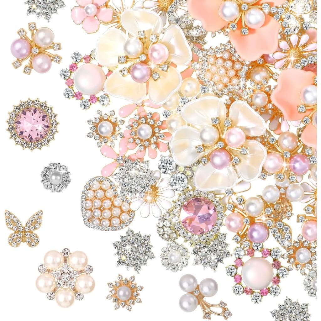 96 Botões de Strass para Artesanato, Botões Decorativos de Pérola Falsa Rosa, Broche de Borboleta e Flor para Confecção
