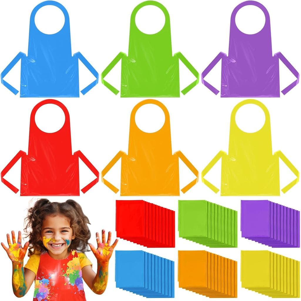 60 Peças de Aventais Descartáveis Coloridos para Crianças, Aventais de Plástico Grosso Impermeável para Pintura, Cozinha
