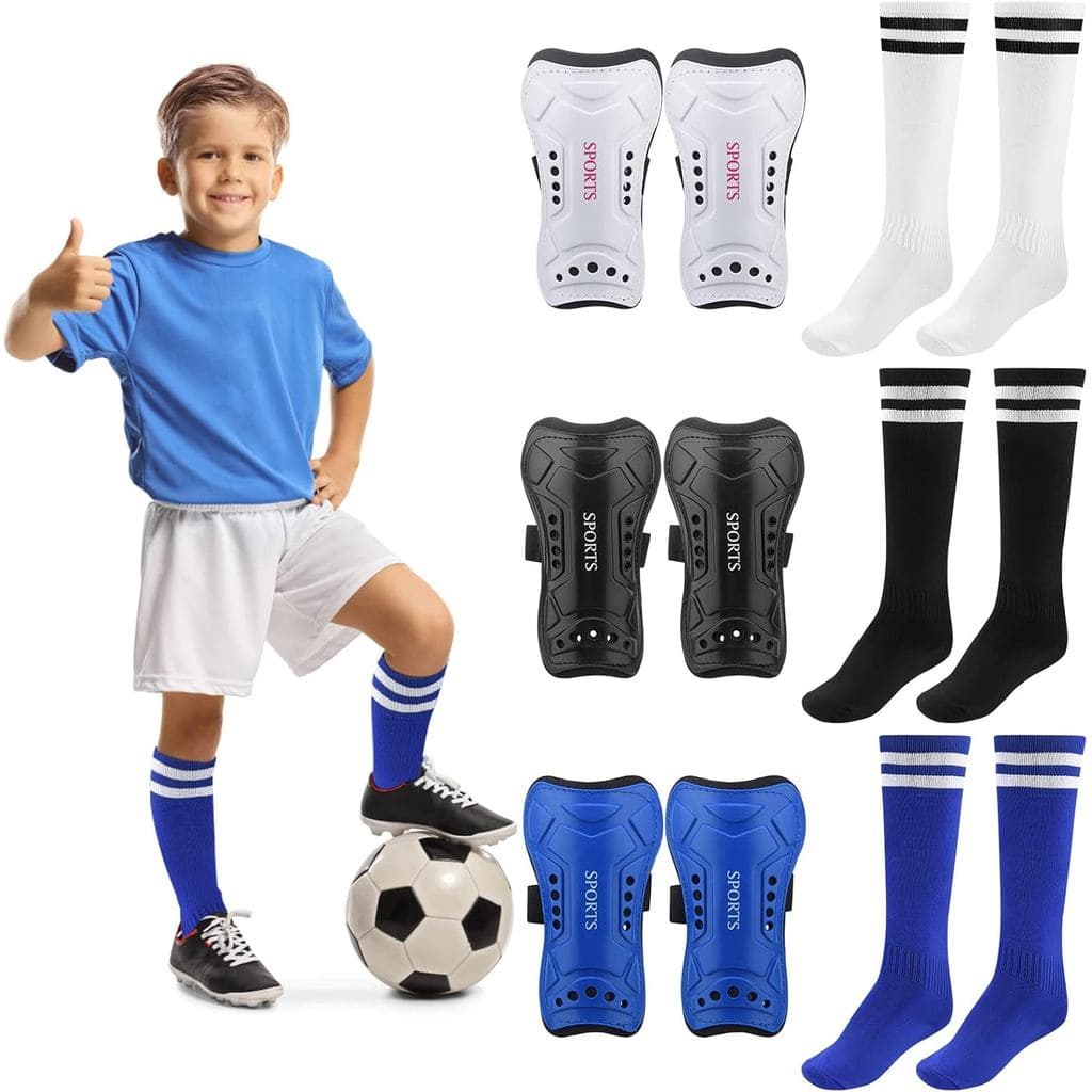 3 Pares de Caneleiras de Futebol Juvenil - Caneleiras de Futebol Resistentes a Impactos para Crianças + 3 Pares de Meias
