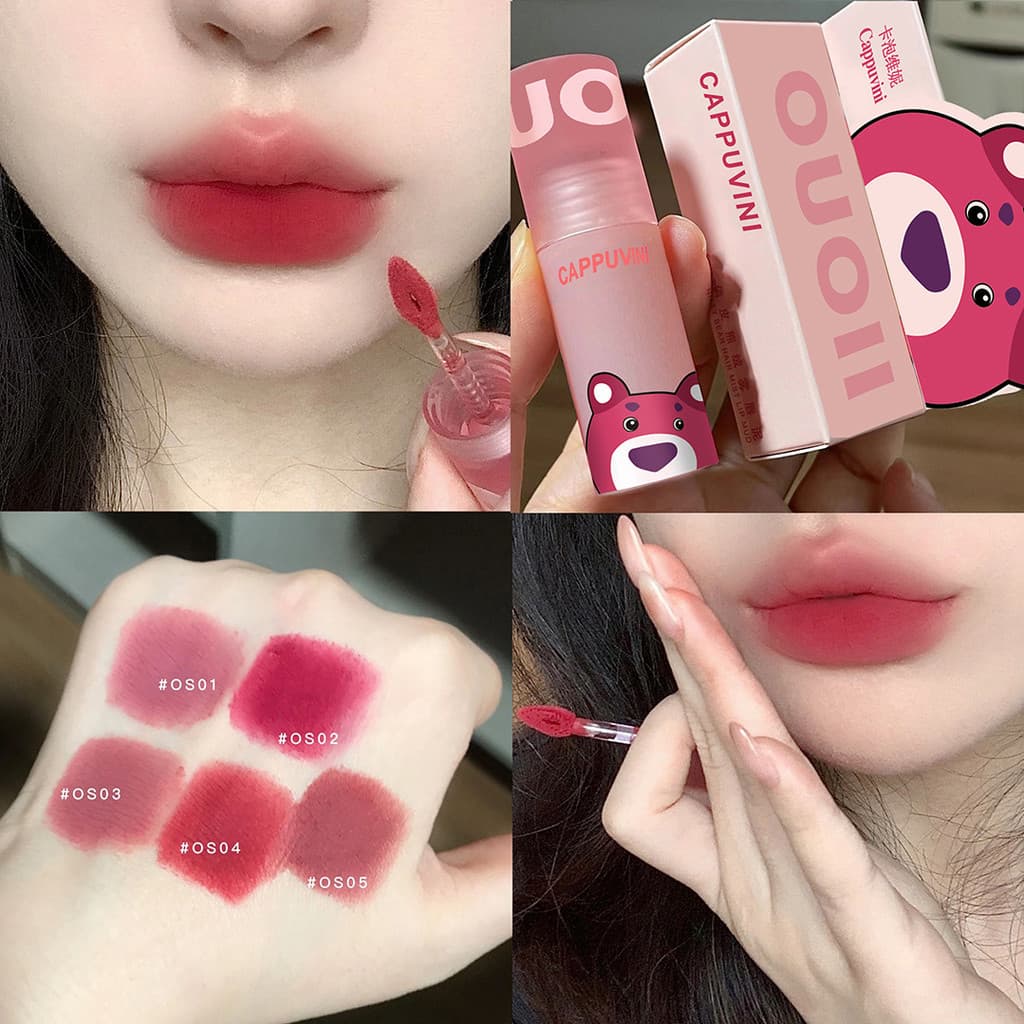 Conjunto de três peças Cappuvini Pink Bear Matte Lip Mud Velvet Brightening Domestic Lip Glaze Makeup Lip Gloss