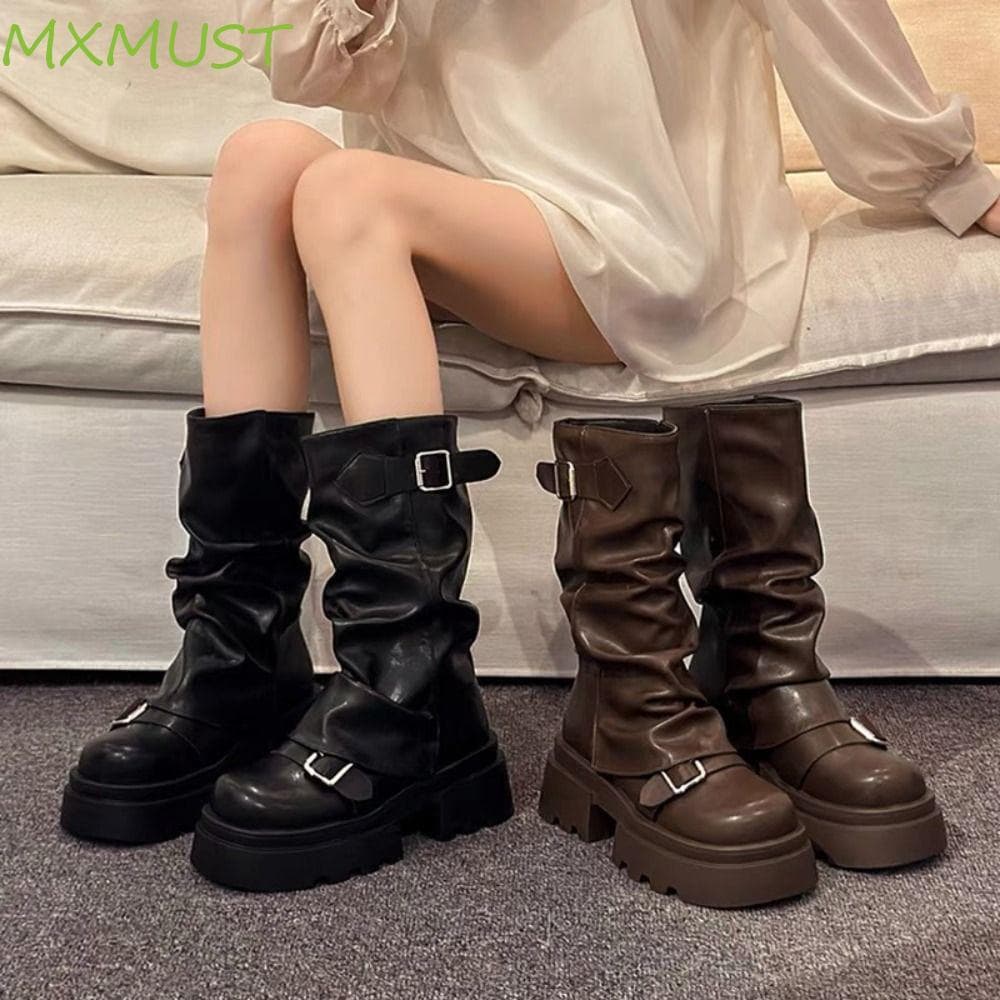 MXMUST Botas Femininas Até O Joelho , Plataforma Com Fivela De Cinto , De Motociclista , Novo Design Y2K Punk Mid Pipe B