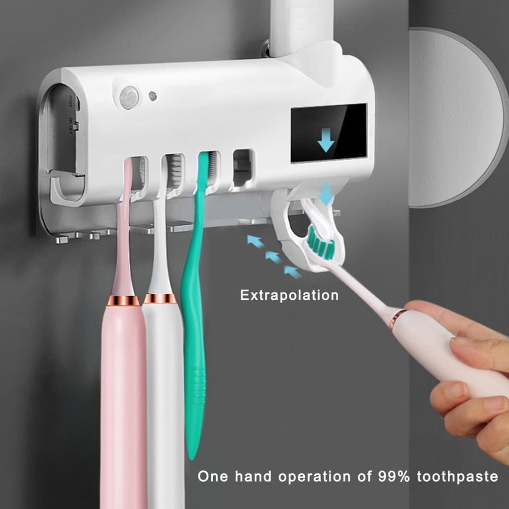 Organizador de Banheiro Porta Escova, Esterilizador UV + Dispenser de Pasta Multifuncional