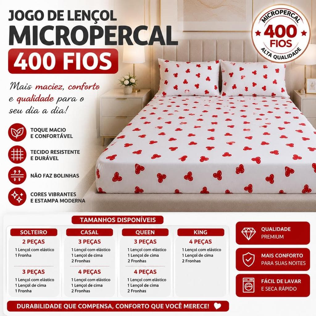 Jogo de Lençol Casal Micropercal 400 Fios - Solteiro ao King -2, 3 e 4 Pçs com Elástico Toque Macio Estampa Coração