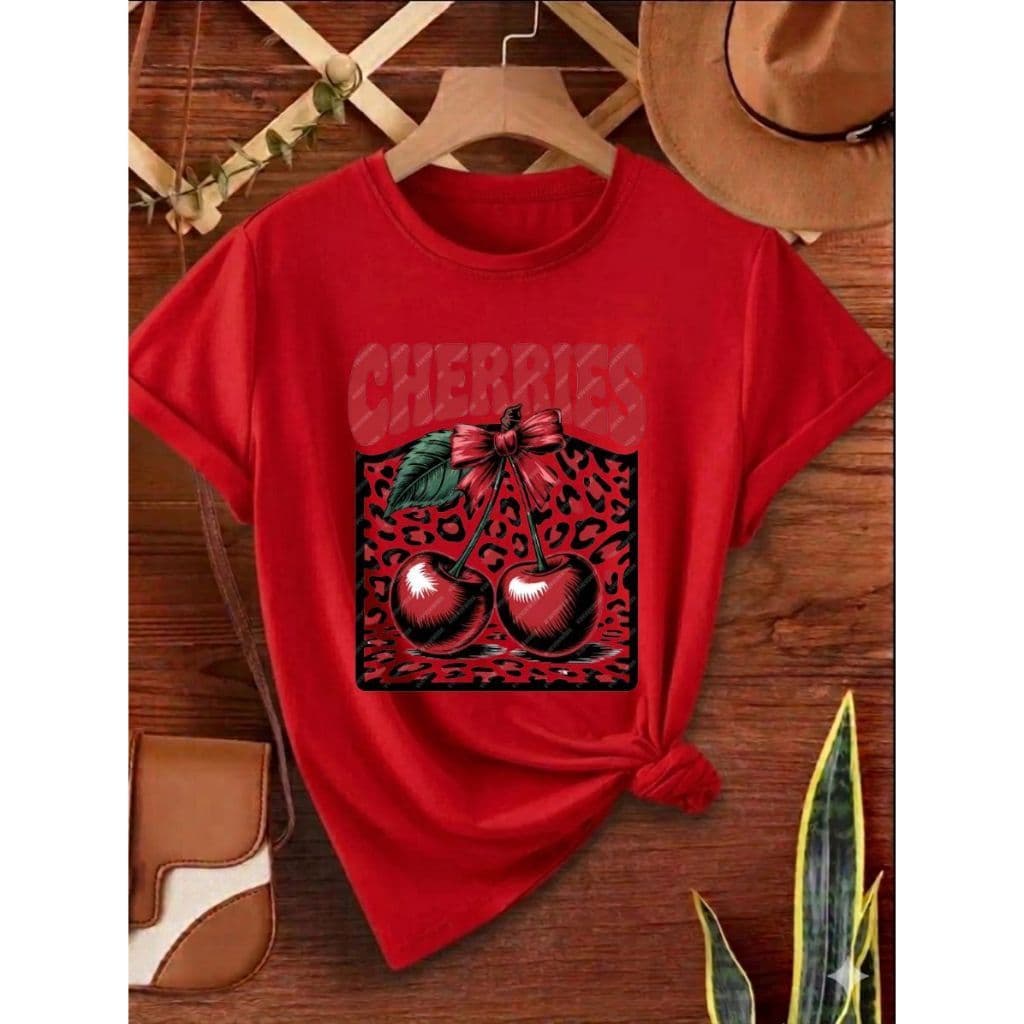 Camiseta Feminina Estampa CHERRIES Cereja Modinha Verão Promoção IMPERDÍVEL  Lançamento