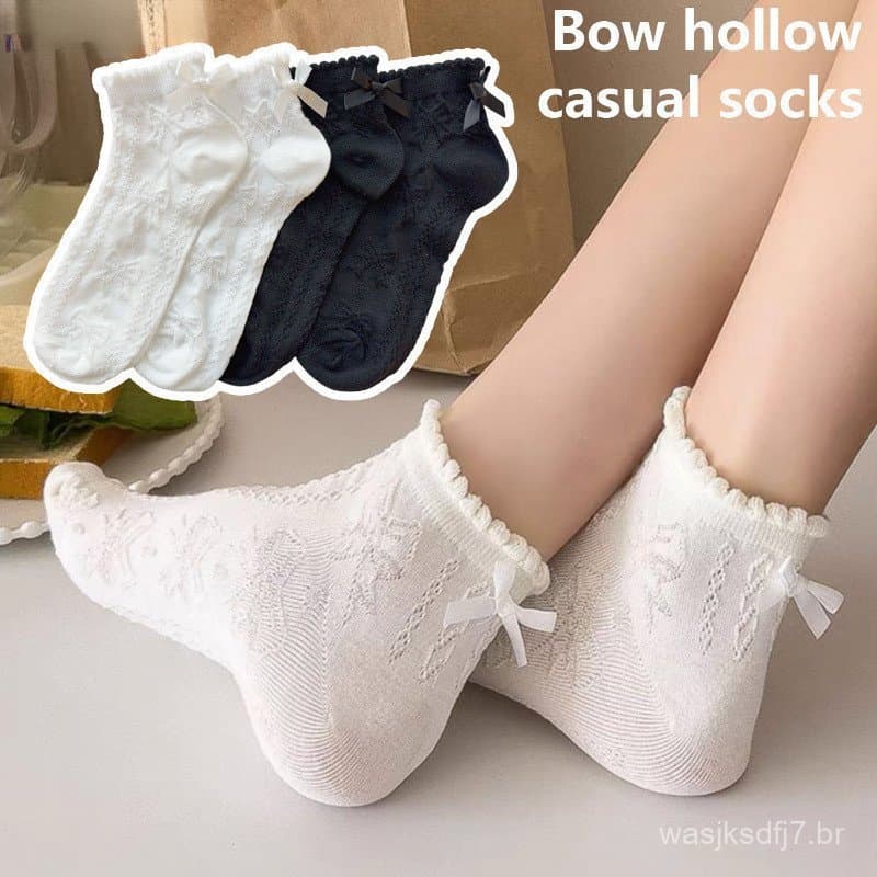 Meias Curtas De Laço Oco Da Moda – Com Babados De Renda De Malha Preta Branca Estilo Lolita Sweet Jk Absorção Confortáve