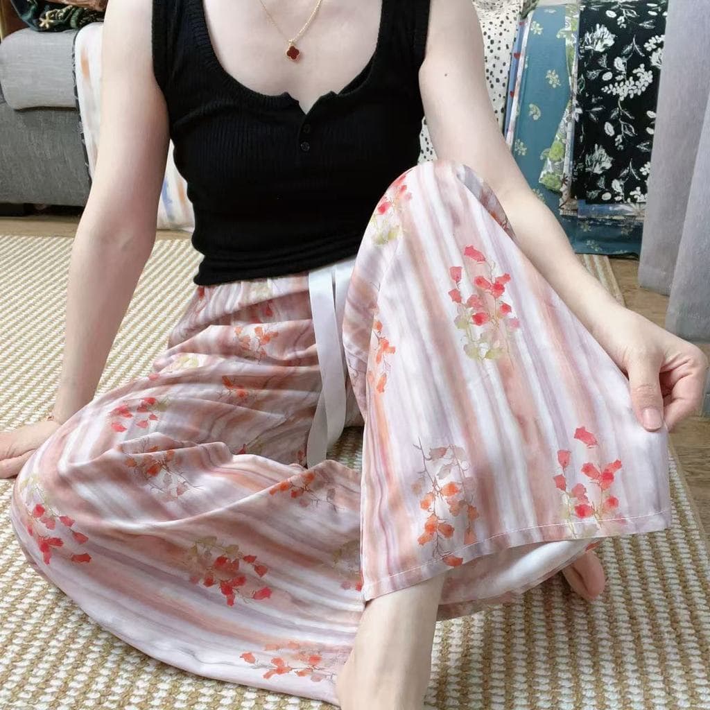 Calças de pijama de seda de algodão senhoras novo estilo tornozelo comprimento cintura alta calças de perna larga exteri