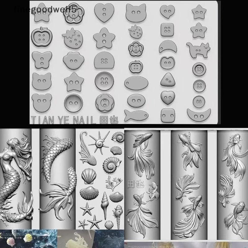 Finegoodwell5 3D Silicone Macio Prego Oceano Sereia Modelos Molde Da Arte Do Peixinho Koi Botões Esculpir Modelo Dos Des