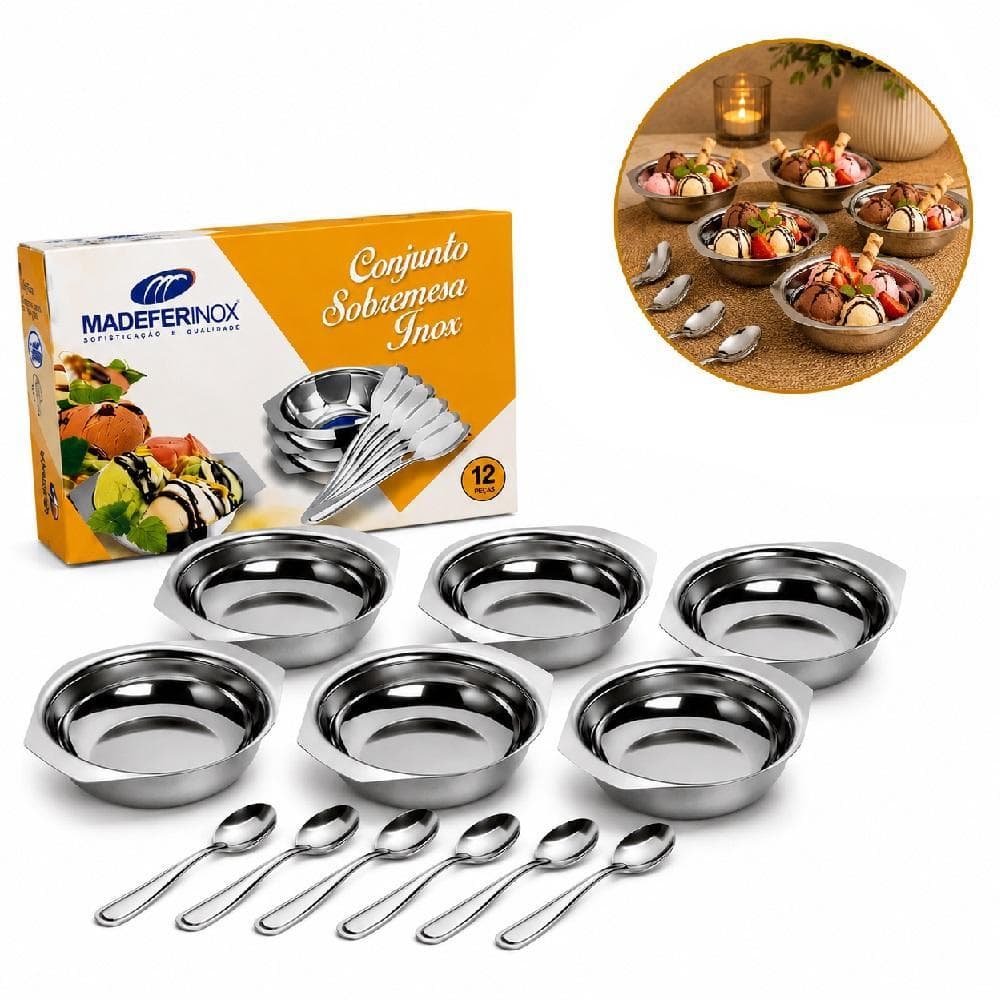 CONJUNTO TACAS SOBREMESA INOX 12 PECAS TIGELA COM COLHERES BOWL SERVIR SORVETE MOUSE BOLO DOCE ACAI PRATINHO MULTIUSO LU
