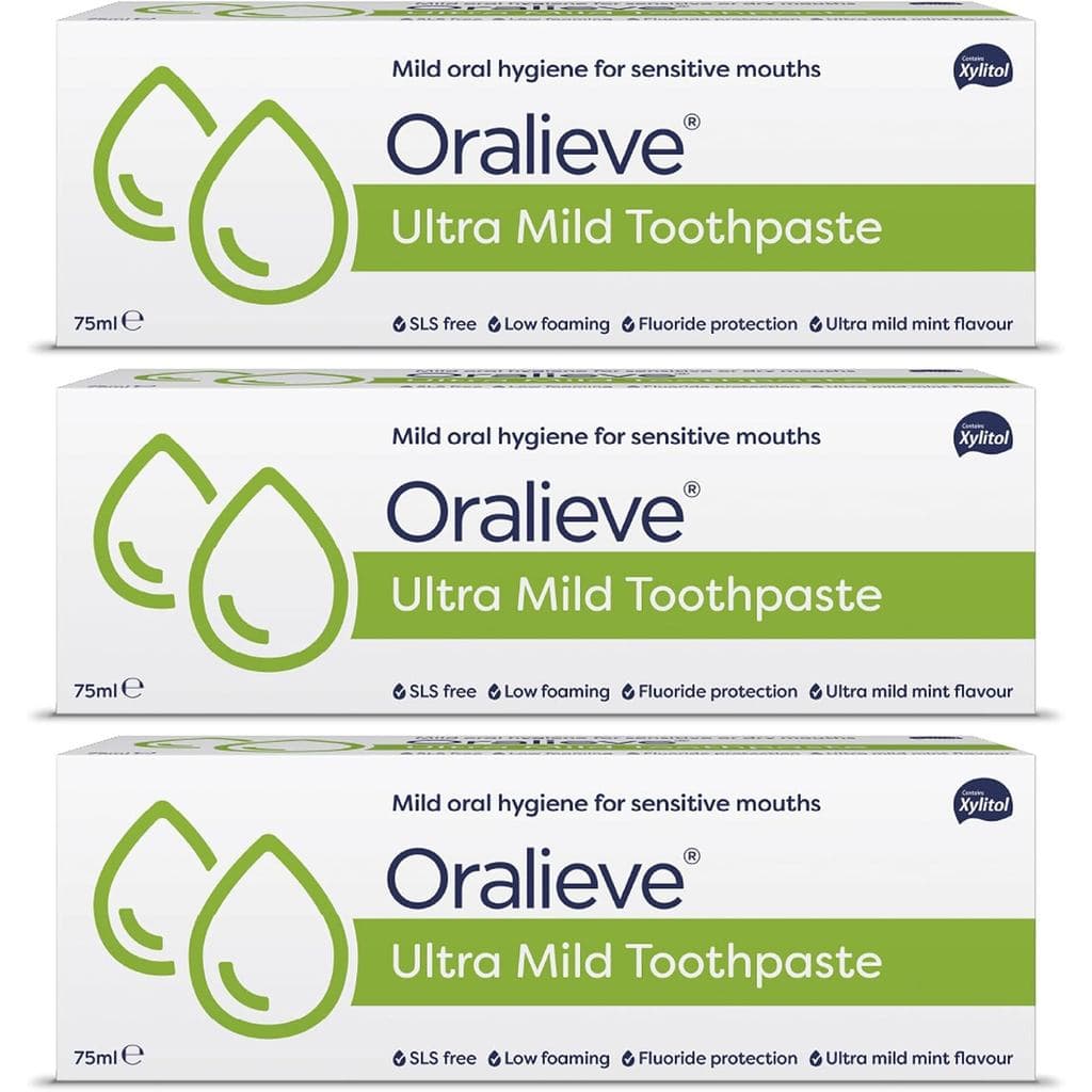 Pasta de Dente Ultra Suave Oralieve (3 x 75ml), Fórmula Sem SLS para Bocas Doloridas, Secas e Sensíveis com Fluoreto e X