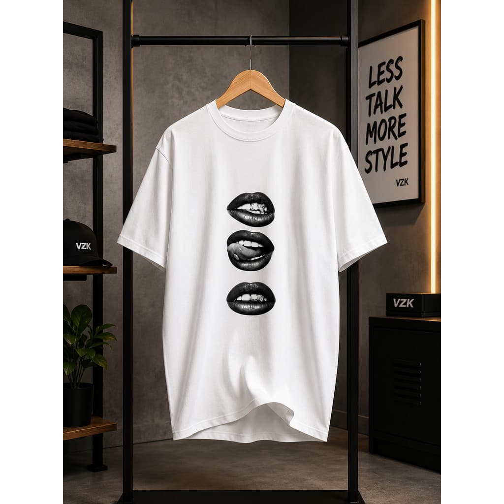 Camiseta Bocas Streetwear Preta Estampada Aesthetic Moda Urbana Algodão