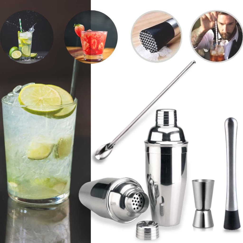 Kit Caipirinha Coqueteleira Inox 500ml 4 Peças Bartender Dosador Socador Colher Bar