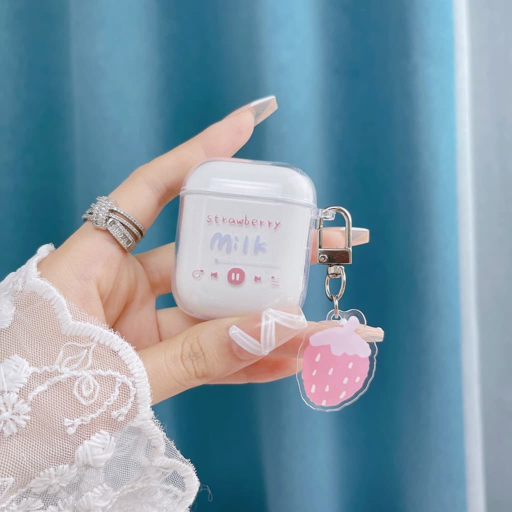 Korean-style cute girly pink and strawberry pendant case for AirPods 1/2 generation,  wireless Bluetooth earphone case,