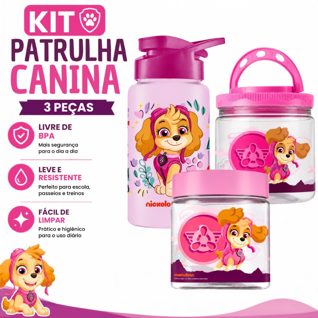 Kit Patrulha Canina Skye Garrafinha De Água Com Pote Lancheira Infantil Escola Menina
