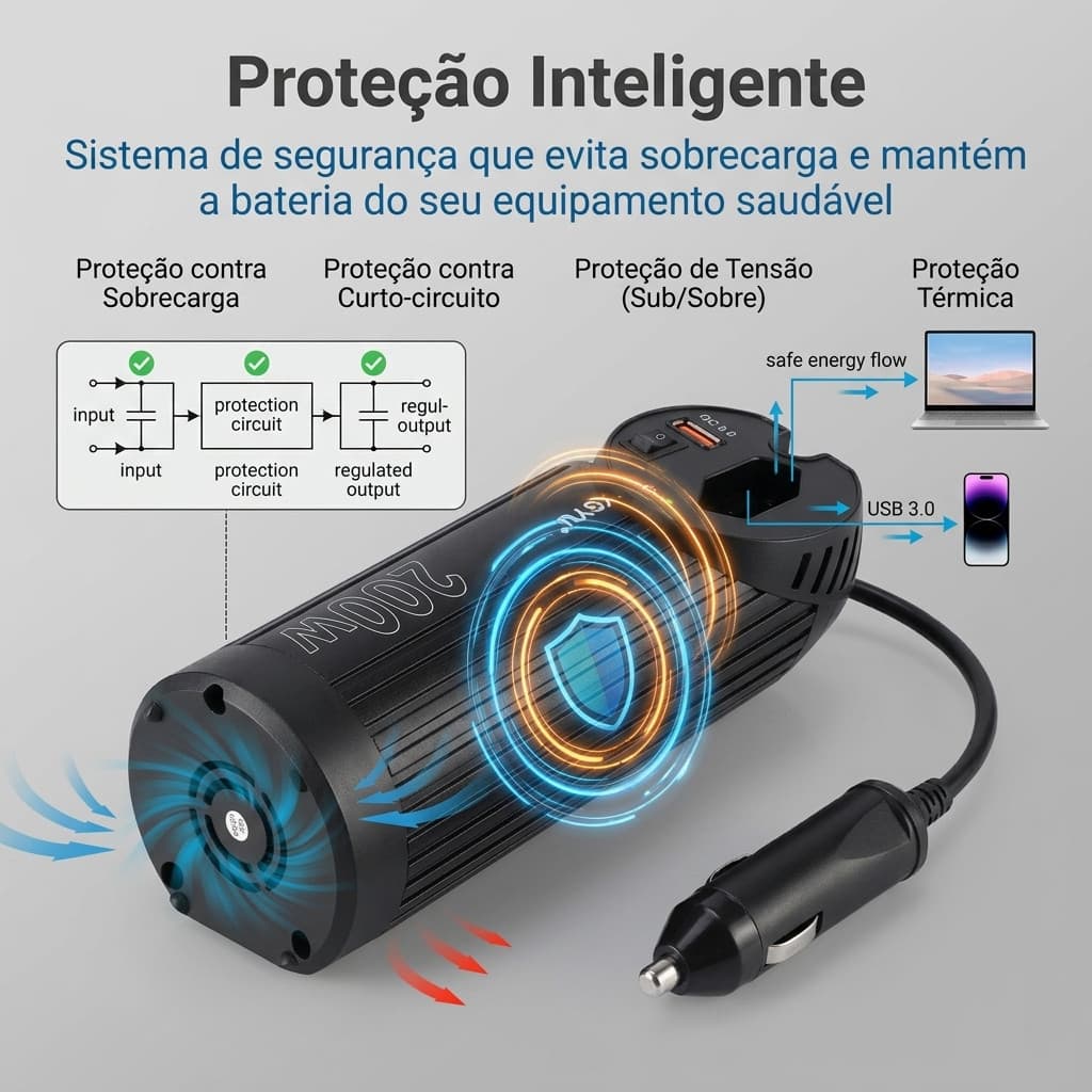 Inversor de energia para carro 350W 12V a 110V ou 220V, conversor portátil para carro