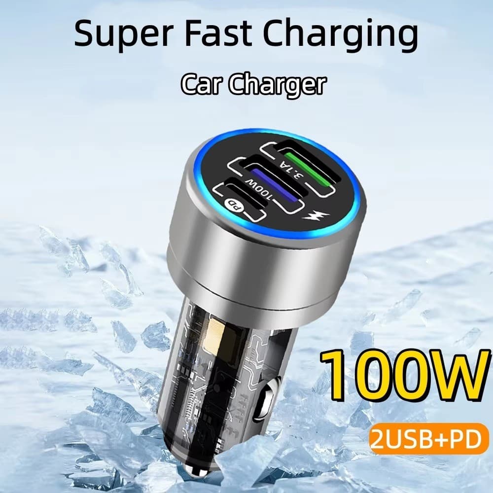 Carregador De Carro Transparente 100W PD QC3.0 Carregamento Rápido Duplo USB Multi-Porta 12-24V Adaptador Universal De T