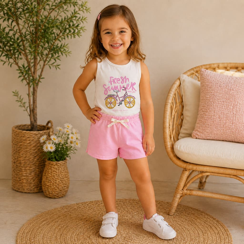 Conjunto Infantil Menina Blusa Regata em Malha Com Estampa e Bermuda em Moletinho com Friso na Barra e Cadarço Fake