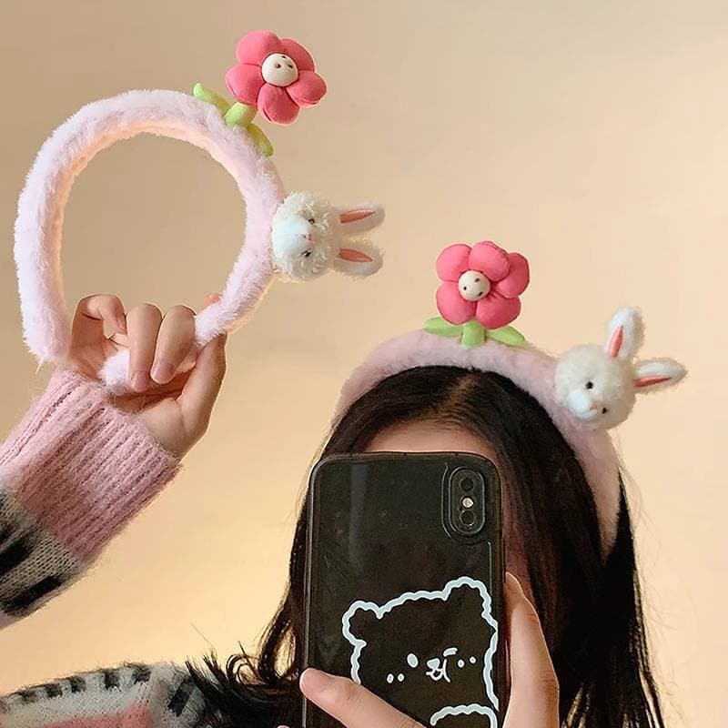1PC Bonito Coelho Faixas De Cabelo Rosa Flor De Pelúcia Argola Tendência Feminino Cabeça Doce Acessórios Para Mulher