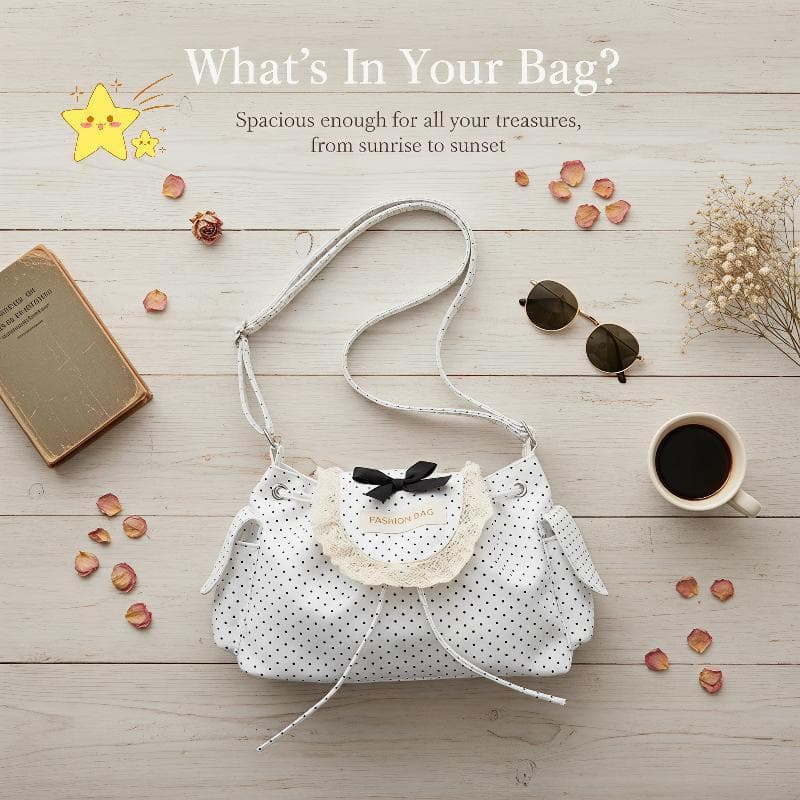 [JBTH] Linda Bolsa Crossbody De Ombro Com Bolinhas E Acabamento Em Renda , Decoração De Laço , Portátil De Poliéster Par