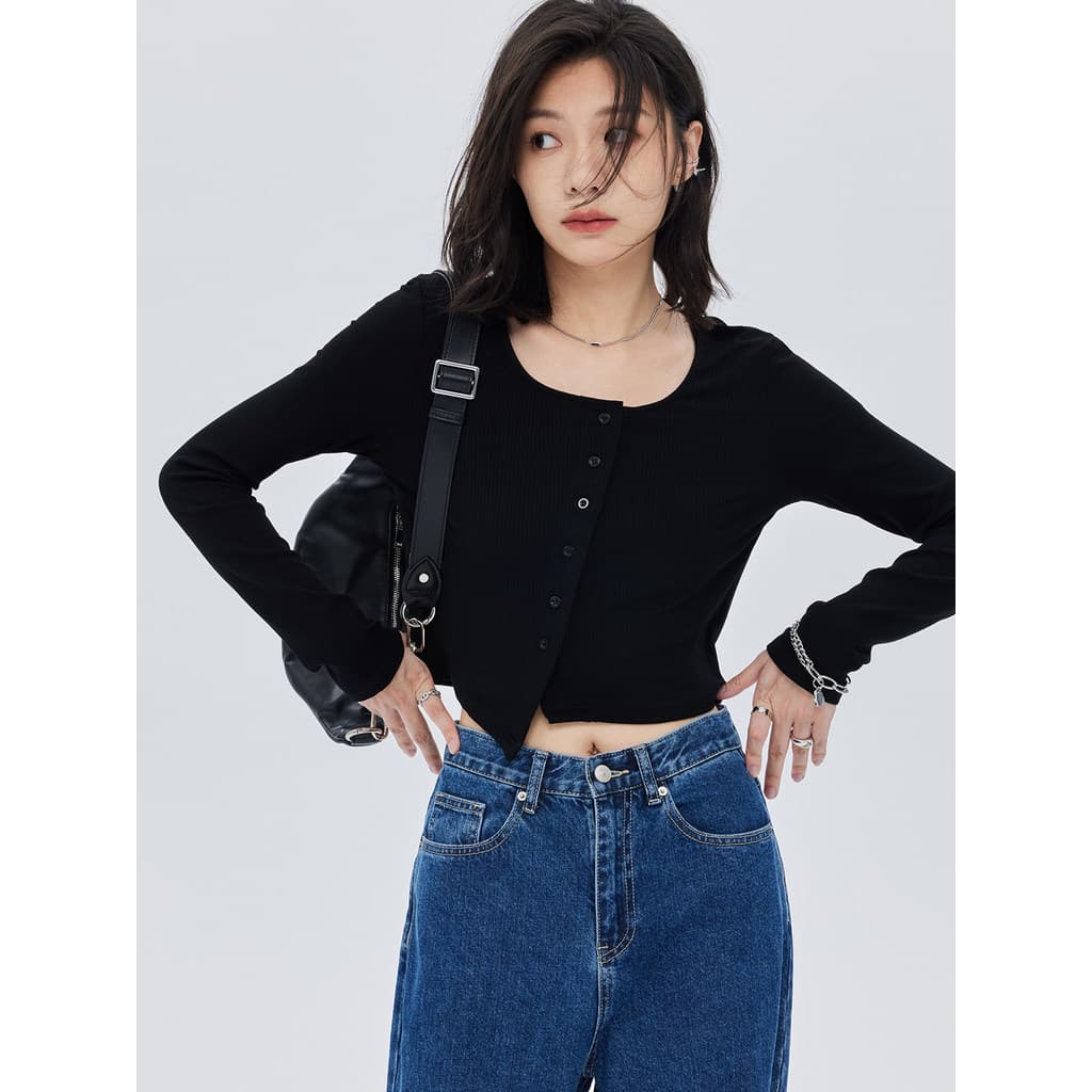 Breasted Diagonal cardigan cardigan umbigo U-pescoço elástico de manga comprida curto preto malhas topo feminino Design