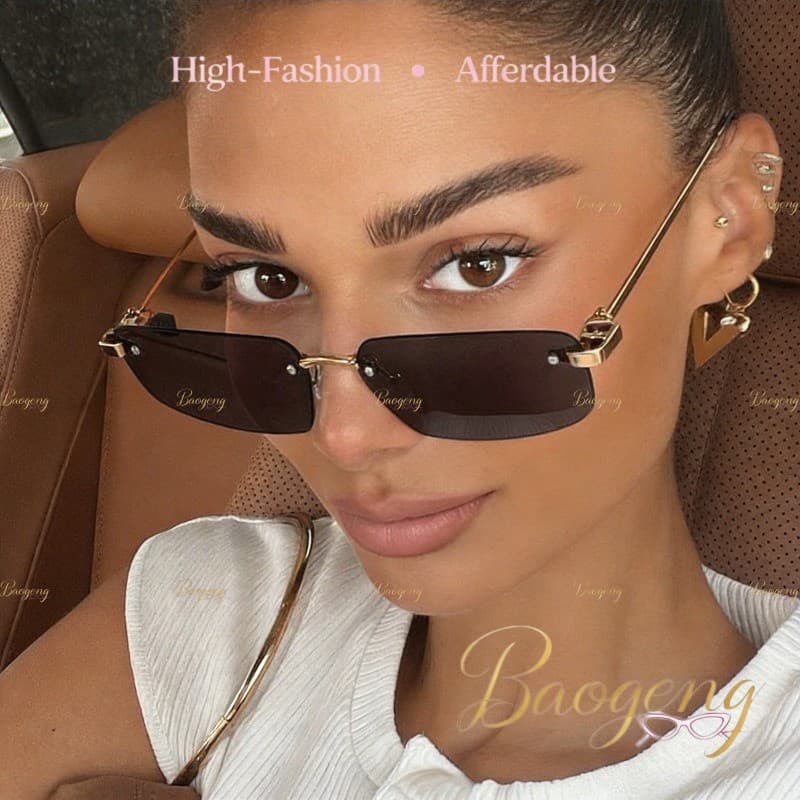 (BAOGENG) Óculos De Sol Retangulares Irregulares Sem Aro Euro-Americano UV400 Para Mulheres , Da Moda Ela Streetwear Chi