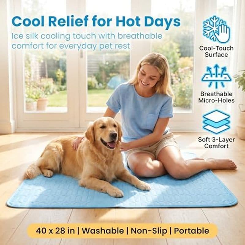 Tapete De Resfriamento Para Cães , 40 X 28 Em Almofada Animais De Estimação De Seda Gelada , Azul | Cool-Touch , Tecido