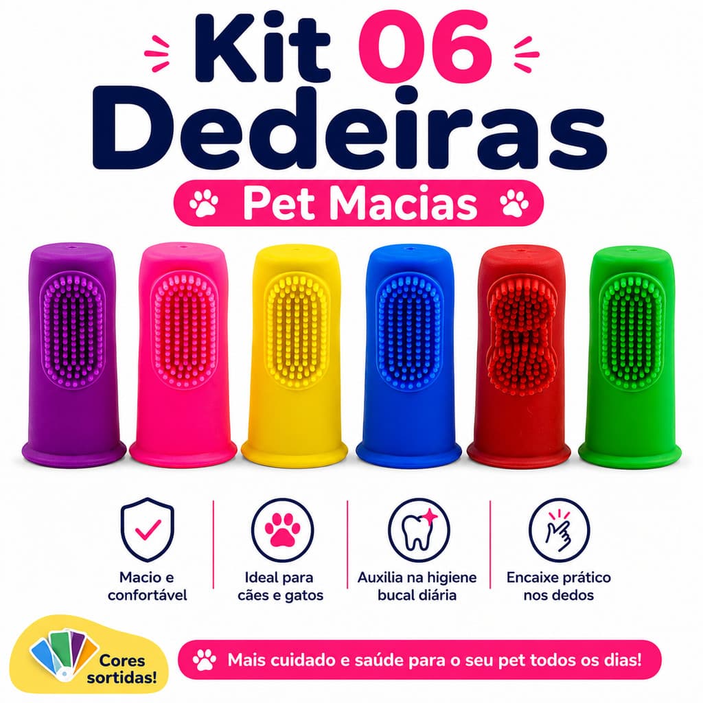 Kit 06 Dedeira Pet Silicone Escova de Dente Macia Cachorro