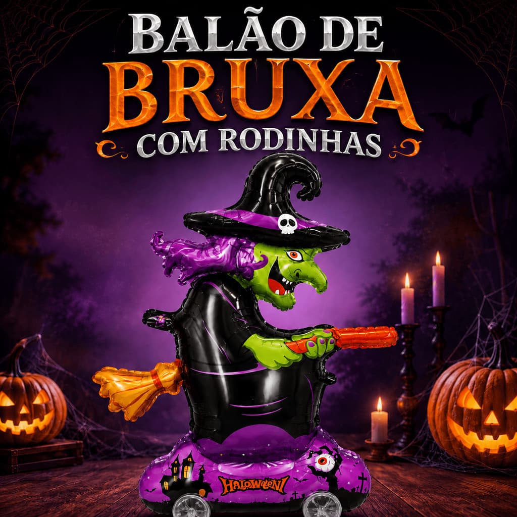 Balão Bruxa Halloween Metalizado Inflável com Rodinhas de Puxar para Decoração de Festa Temática