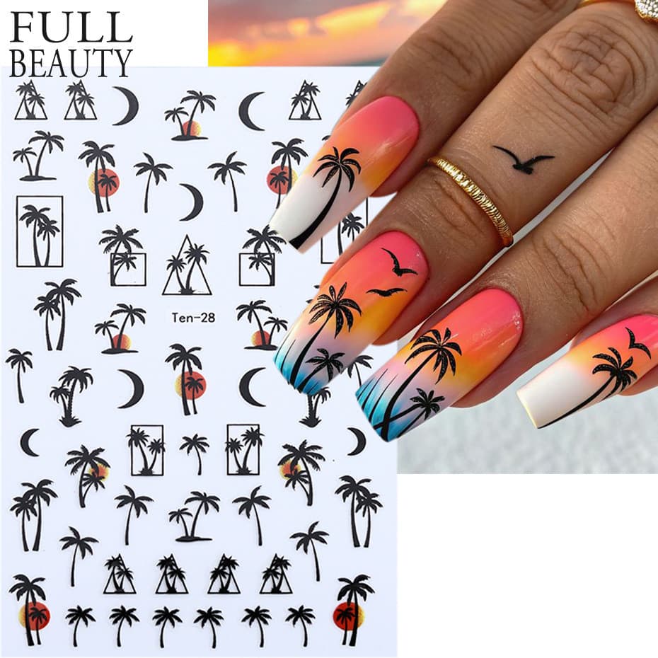 Adesivos de Unhas com Tema de Praia de Verão e Oceano, Decorações de Unhas com Coqueiro, Concha, Estrela-do-mar e Água-v