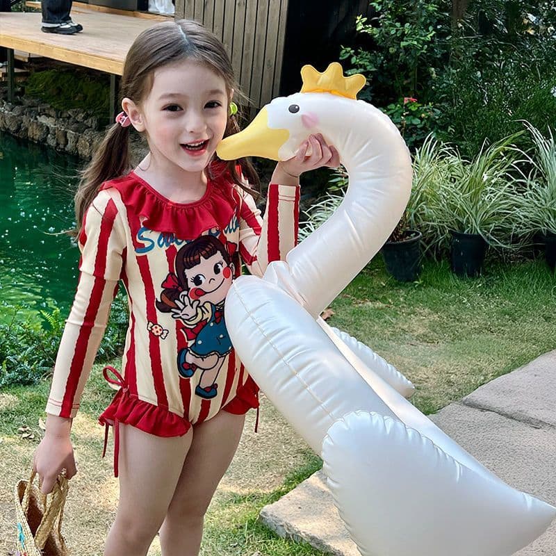 Novo estilo roupas infantis meninas dos desenhos animados protetor solar maiô verão crianças estilo ocidental elástico b