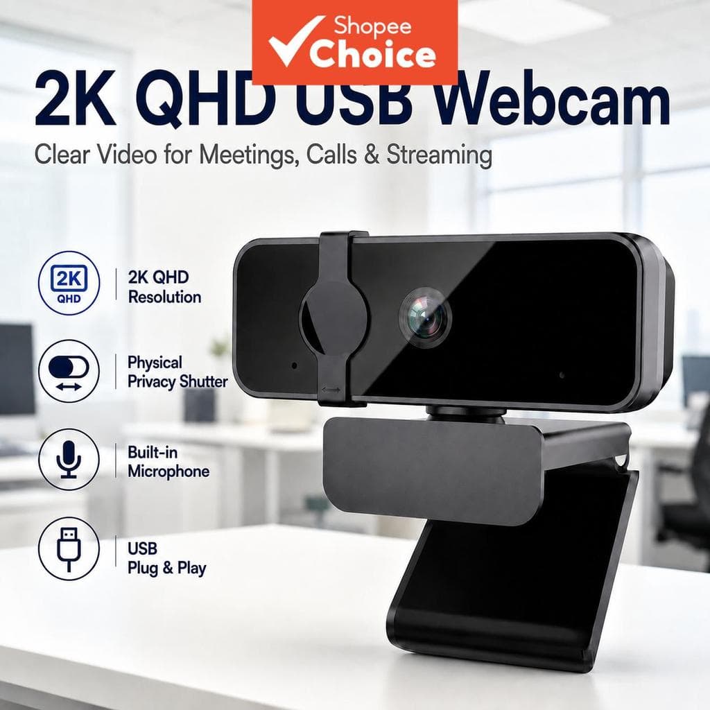 Câmera JCL 2K para PC Laptop com Microfones Canceladores de Ruído, Tampa de Privacidade com Campo de Visão de 73° e Plug