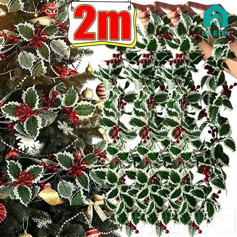 [Navio 24H] Rattan Holly Berry De Natal 2/1M-Fita De Frutas Vermelhas-Para Jardim Ao Ar Livre Interno-Enfeite De Suspens
