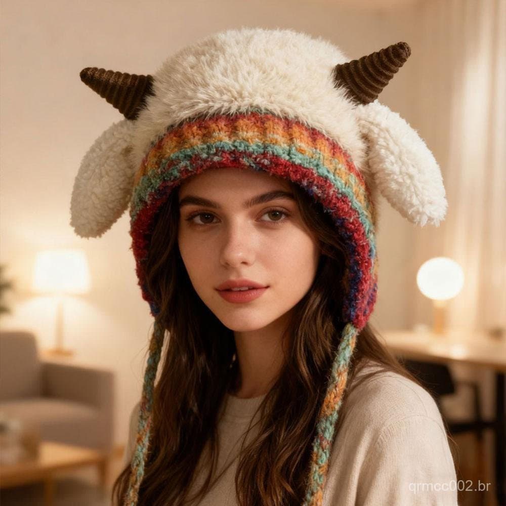 TKEY Inverno Bonito Chapéu De Orelha De Ovelha Grosso Malha De Pelúcia Meninas Quente Proteção De Ouvido Gorros Feminino