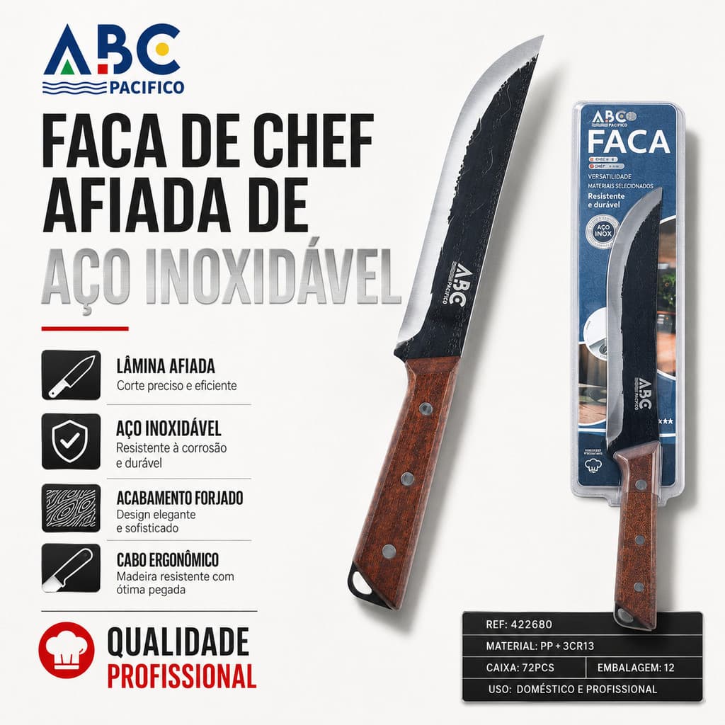 Kit 3 Facas ABC Cabo Inclinado Madeira Artesanal Aço Inox Churrasco Cozinha Profissional Corte Preciso Multiuso