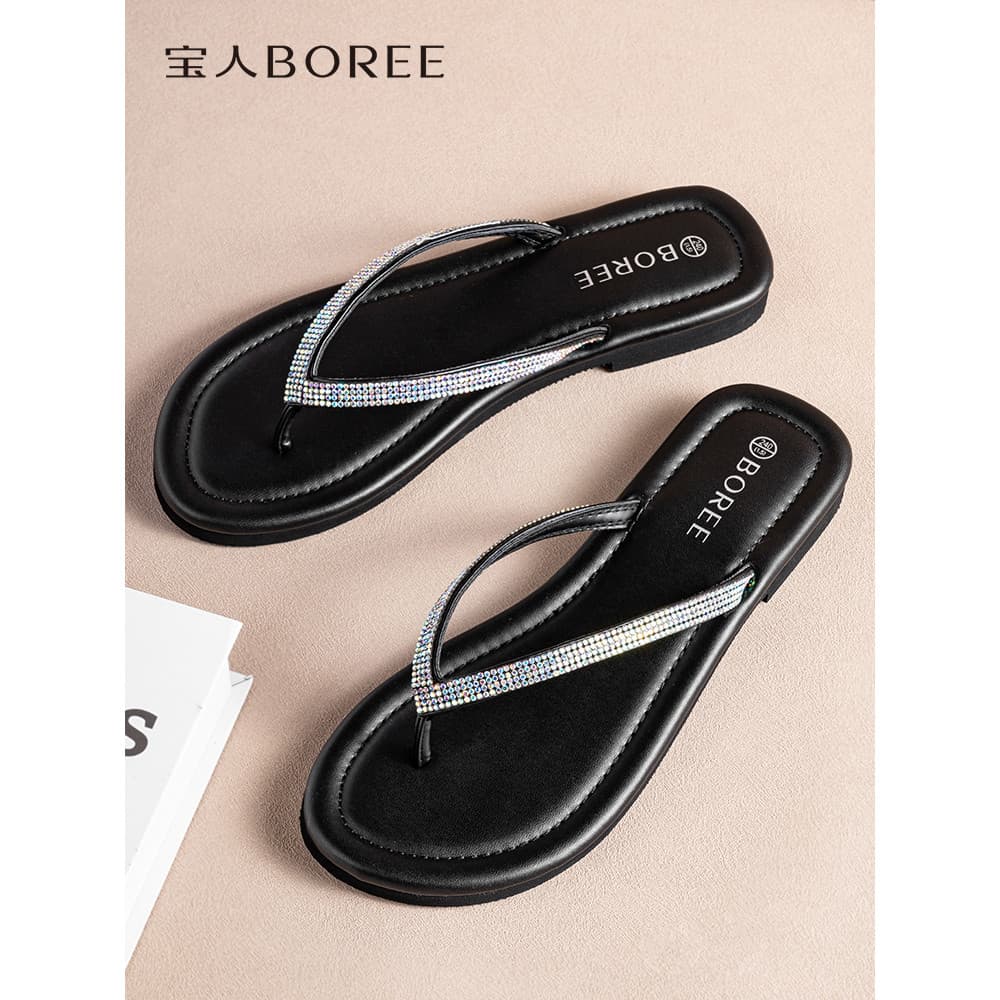 Boree/Boree Chinelos de salto baixo verão exterior estilo feminino com diamantes moda única sandálias planas preguiçosas