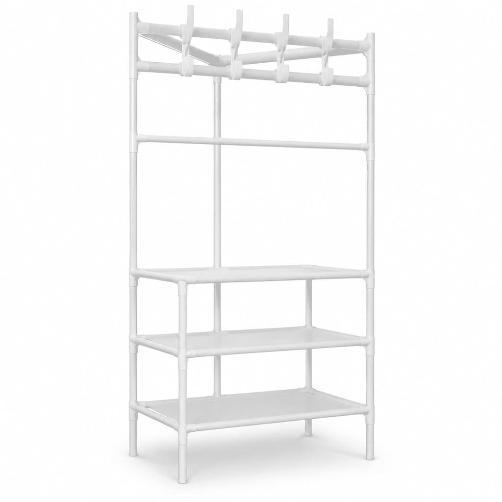 Arara de Roupas Portátil com Sapateira 3 Prateleiras Ganchos Organizador Vertical para Quarto e Closet