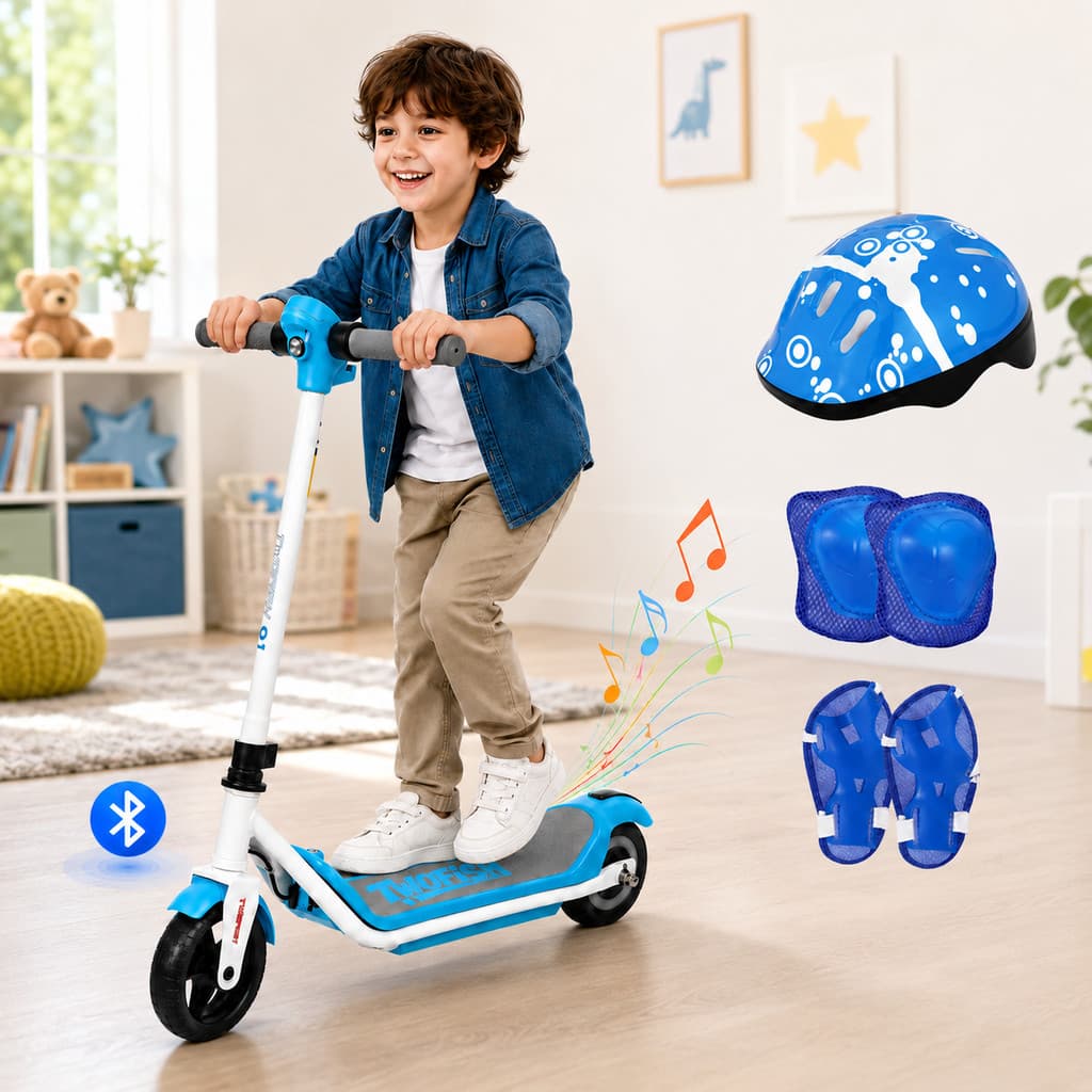 Patinete Elétrico Infantil Unissex 110W Bateria 24V 2,5Ah Rodas 16,51cm Até 60kg Luzes Bluetooth Freio Eletrônico Azul